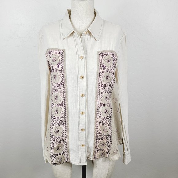 Free People Tops - Free People Top S Ivory Burgundy Floral Lightweight Button-Front Collared Shirt